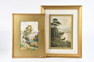Lot 1765 - W RIMMER; watercolour, stag beside river in...