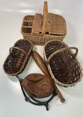 Lot 26 - Wicker baskets and sporting items to include a...