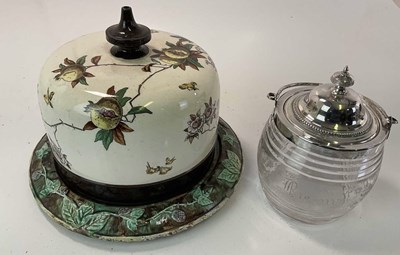 Lot 133 - A Majolica cheese dome and cut glass biscuit...
