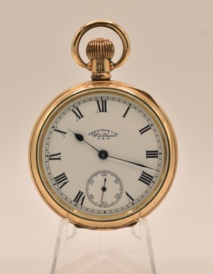 Lot 1664 - WALTHAM; a gold plated open face pocket watch...