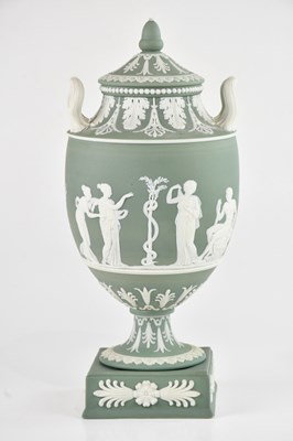 Lot 239 - WEDGWOOD; a large green jasperware twin...