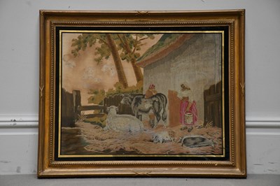 Lot 2381 - A 19th century embroidered and silk panel...