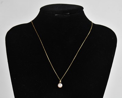 Lot 431 - A pearl pendant suspended on a yellow metal...