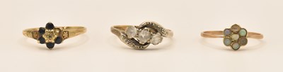 Lot 1234 - Three 9ct gold dress rings, sizes P, Q and L,...