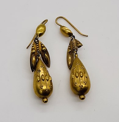 Lot 398 - A pair of Victorian yellow metal drop earrings,...