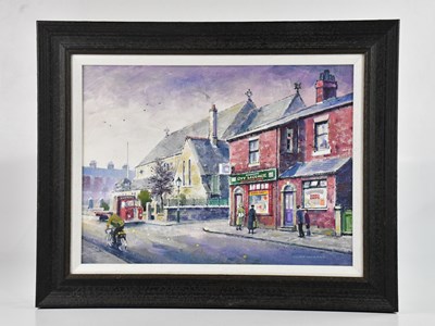 Lot 1732 - CLIFF MURPHY; oil on board, figures on street...
