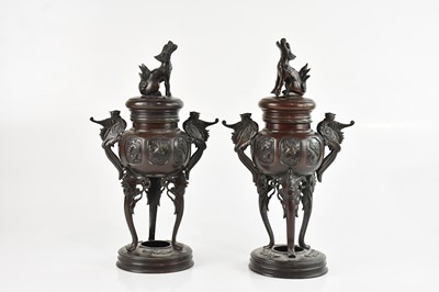 Lot 369 - A pair of Japanese bronze koros and covers,...