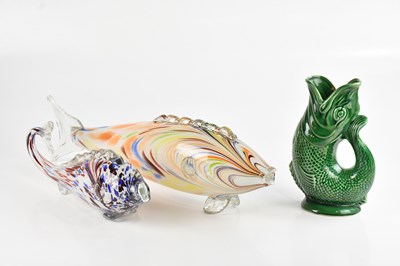 Lot 345 - Two decorative coloured glass fish, length of...