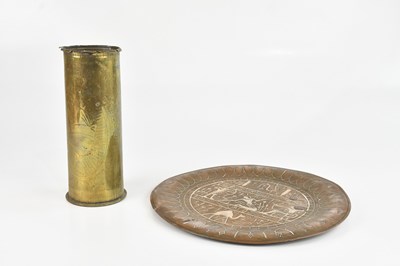 Lot 471 - A WWI brass artillery shell, with trench art...