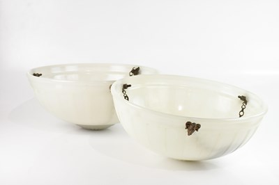 Lot 1297 - A pair of 'moonstone' plafonniers, decorated...