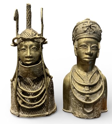 Lot 487 - Two African Benin bronze busts of king and...