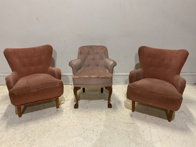 Lot 1139 - A pair of pink upholstered arm chairs,...