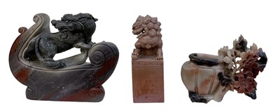 Lot 527 - Three assorted Chinese carved soapstone and...