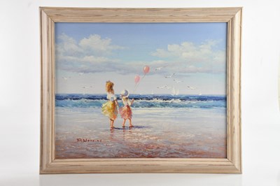 Lot 1704 - P WATKINS: oil on canvas, girl with balloons...