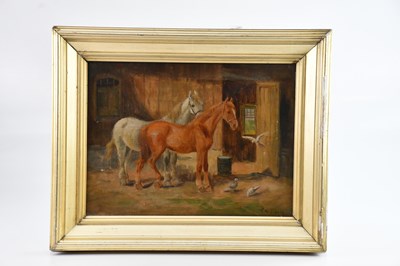Lot 1761 - C W OSWALD; oil on canvas, horses on a stable,...