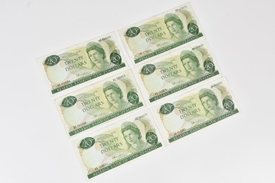 Lot 695 - Six New Zealand Type 1 $20 notes.