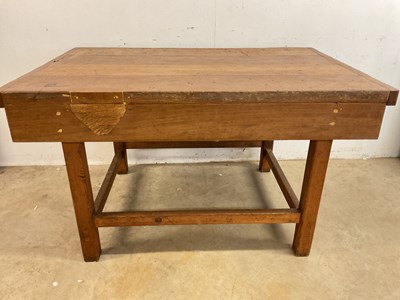 Lot 686 - Large solid work bench with pitch pine base...