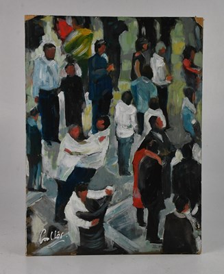 Lot 101 - DAVID COULTER; oil on board, crowd of people,...