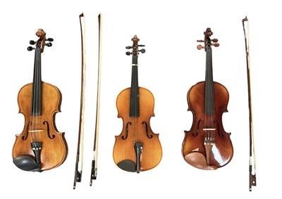 Lot 390 - Two modern Chinese full size violins with...