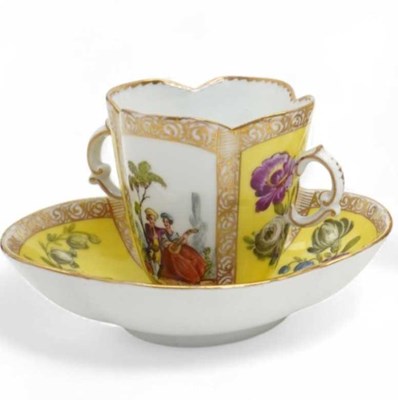 Lot 639 - A 19th century Dresden quatrefoil twin handled...