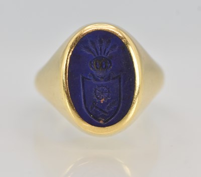 Lot 1184 - An 18ct yellow gold signet ring, the table set...