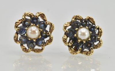 Lot 1488 - A pair of 9ct yellow gold sapphire and seed...