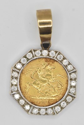Lot 1343 - A Victoria half sovereign, 1893, in a diamond...