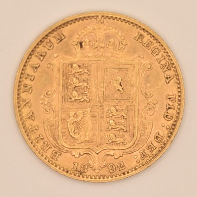 Lot 1545 - A Victorian half sovereign, 1892, shield back,...