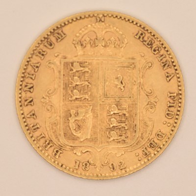 Lot 1546 - A Victorian half sovereign, 1892, shield back,...