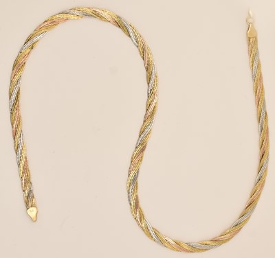 Lot 1354 - A 9ct tricolour gold semi-rigid necklace,...