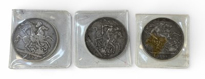 Lot 1576 - Three Victoria crowns, 1887, 1889 and 1899,...