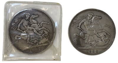 Lot 1599 - Two Victoria crowns, 1887 and 1900, old head (2).