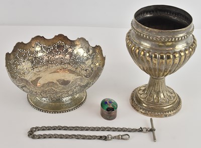 Lot 1033 - A pierced circular white metal footed bowl,...