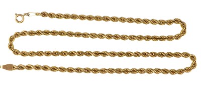Lot 1010 - A 9ct gold rope twist necklace with hoop clasp,...