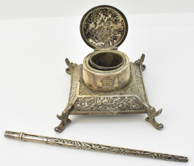 Lot 1249 - A Chinese silver desktop inkwell, decorated...