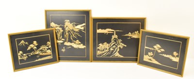 Lot 210 - Four Oriental straw-work pictures on a black...