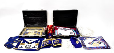Lot 579 - Two leather Masonic cases lined in blue velvet,...