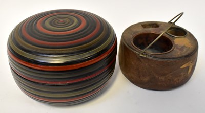 Lot 211 - A lacquered papier-mâché lidded circular box...