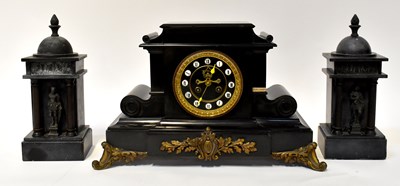 Lot 107 - A Victorian black slate eight-day mantel clock,...