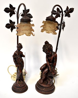 Lot 89 - Two painted spelter figural table lamps with...