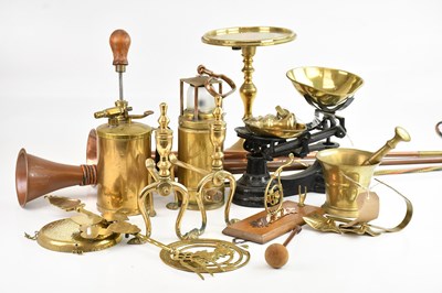 Lot 1292 - A collection of brassware including mortar and...