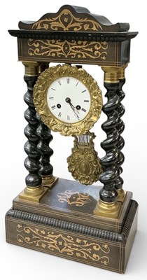 Lot 141 - A late Victorian ebony and inlaid mantel clock,...
