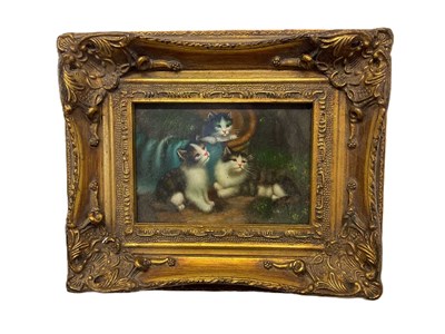 Lot 422 - UNATTRIBUTED; oil on board, cats in the garden,...