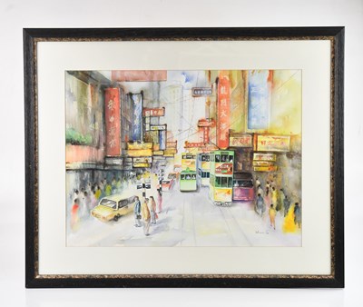 Lot 1491 - THOMAS LO; watercolour, Asian street scene,...