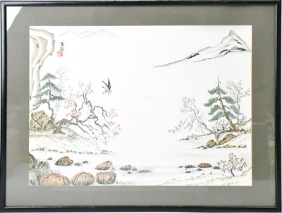 Lot 177 - A Chinese watercolour of a river landscape...