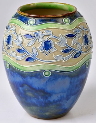 Lot 135 - ROYAL DOULTON; a blue ground stoneware vase...