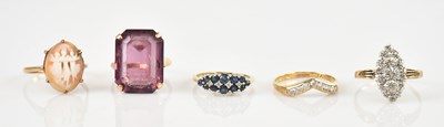 Lot 525 - Five 9ct yellow gold dress rings including an...