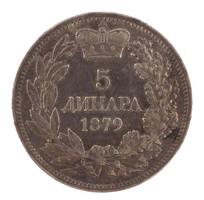 Lot 905 - Serbia, Milan, five silver denara coin 1879.