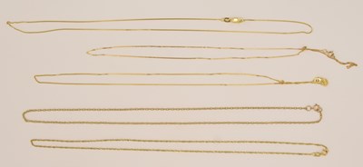 Lot 1452 - Five 9ct bright yellow gold necklaces, three...
