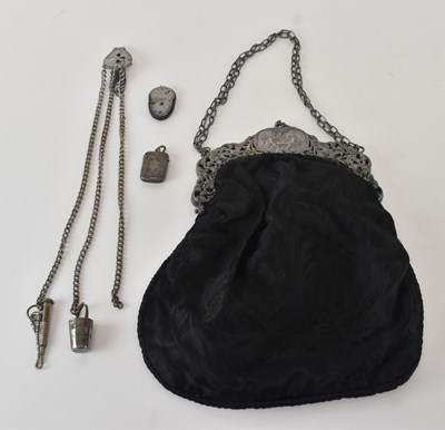 Lot 1229 - A Continental 925 silver mounted black silk...
